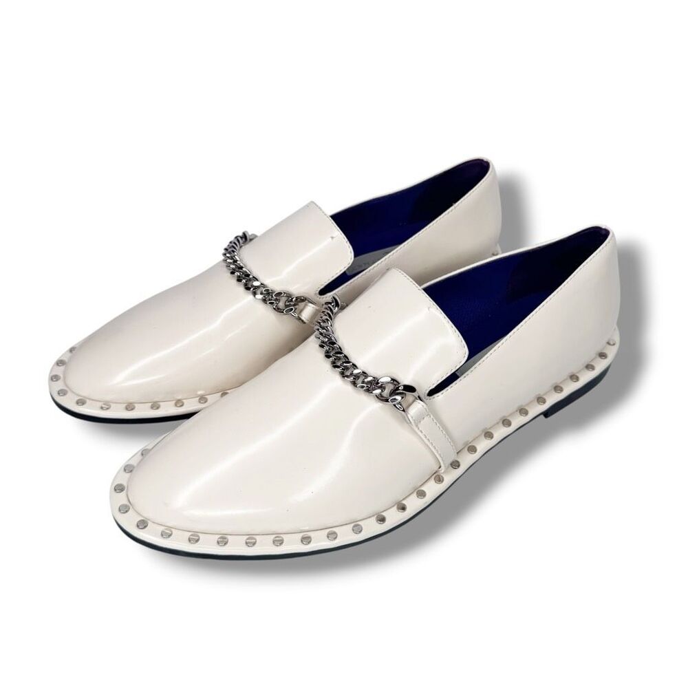 Stella McCartney Falabella Ivory Faux Patent Silver Chain Studded Loafer Size 39